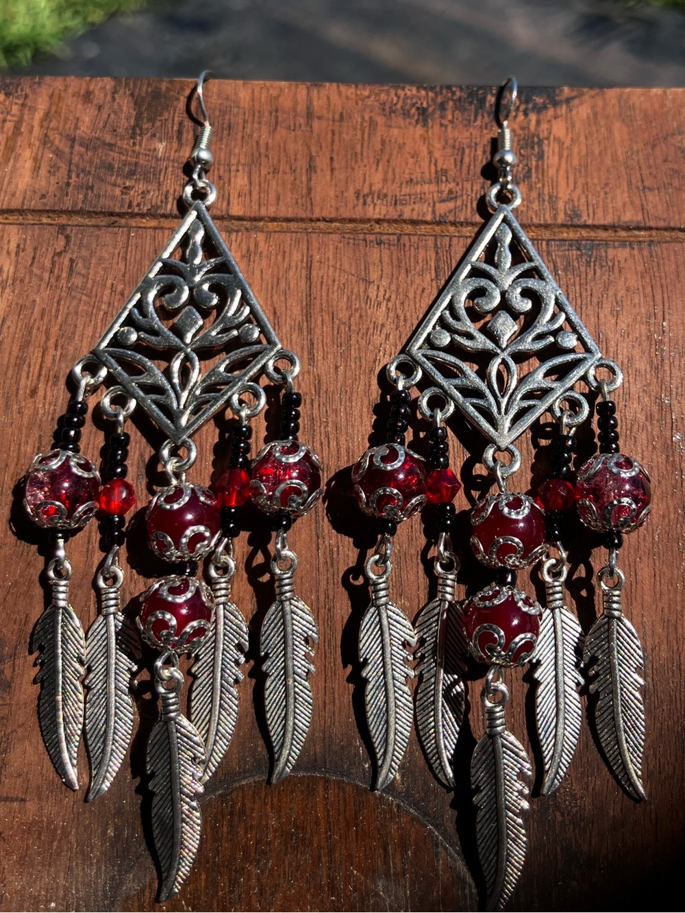 Crimson red dream catcher dangle earrings silver accent,glass beads